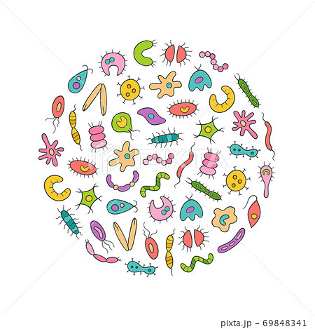 Microbes, virus, bacterias and pathogen icons colorful set. Collection of abstract vector germs Microbes, virus, bacterias and pathogen icons colorful set. Collection of abstract vector germs 69848341