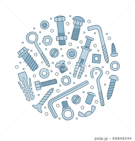 Set of fasteners. Bolts, screws, nuts, dowels and rivets in doodle style. Hand drawn building material. 69848344