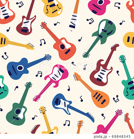 Seamless pattern of acoustic and electric guitars on light background. String musical instruments on cute flat cartoon style. 69848345