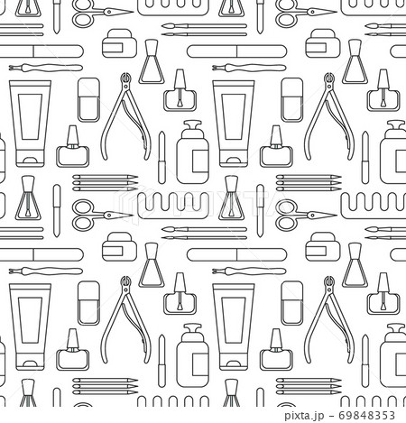 Manicure tools and accessories. A set of elements on the topic of nail manicure. Seamless pattern. Vector Manicure tools and accessories. A set of elements on the topic of nail manicure. Seamless pattern. Vector 69848353