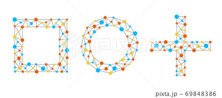 Neural network in shapes of circle, square, and plus. Neural network of nodes and connections. Neural network in shapes of circle, square, and plus. Neural network of nodes and connections. 69848386