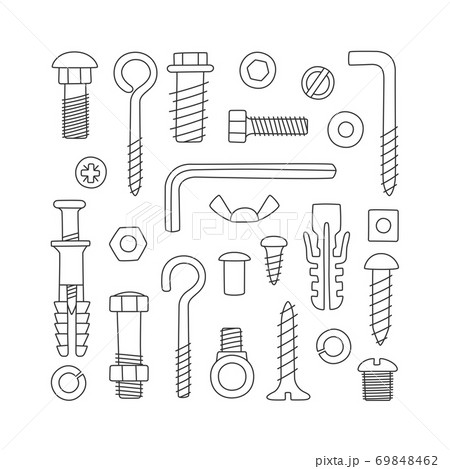 Set of fasteners. Bolts, screws, nuts, dowels and rivets in doodle style. Hand drawn building material. 69848462