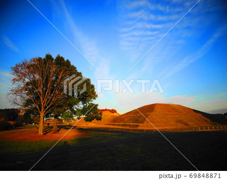 ピラミッドのような埼玉県さきたま古墳群の稲荷山古墳(手前に木)　0117 69848871
