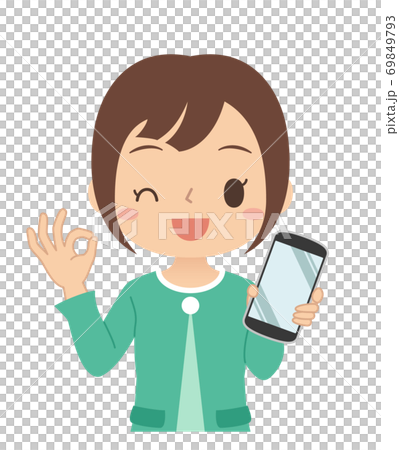 OKサインでスマホを持つ女性 イラスト OKサインでスマホを持つ女性 イラスト 69849793
