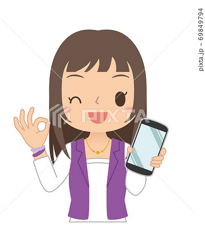 OKサインでスマホを持つ女性 イラスト OKサインでスマホを持つ女性 イラスト 69849794