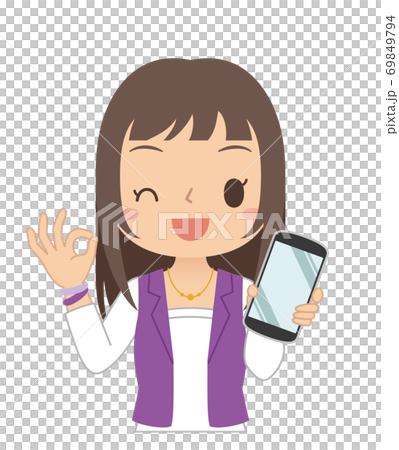 一個女人抱著一個好的跡象的智能手機的插圖 一個女人抱著一個好的跡象的智能手機的插圖 69849794