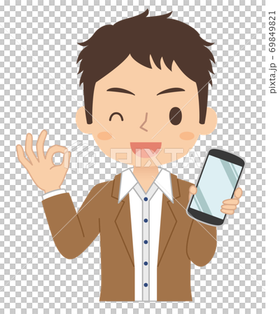 Illustration of a man holding a smartphone with an OK sign Illustration of a man holding a smartphone with an OK sign 69849821