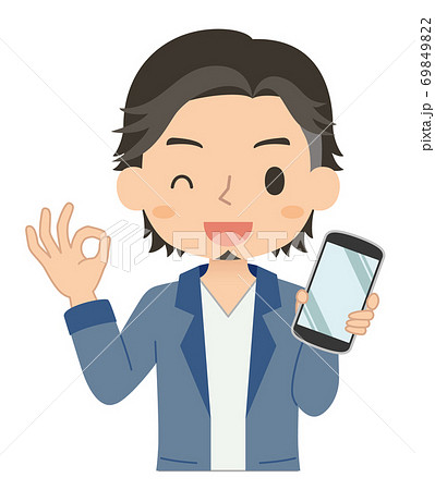 OKサインでスマホを持つ男性　イラスト 69849822