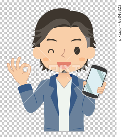 一個男人抱著一個好的跡象的智能手機的插圖 一個男人抱著一個好的跡象的智能手機的插圖 69849822