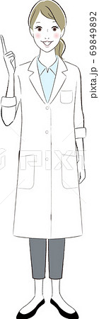 笑顔で指差しポーズをする白衣の女性のイラスト 69849892