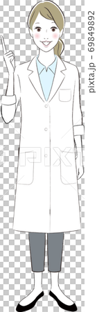 笑顔で指差しポーズをする白衣の女性のイラスト 69849892