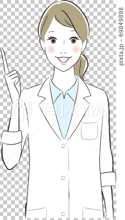 笑顔で指差しポーズをする白衣の女性のイラスト 69849898