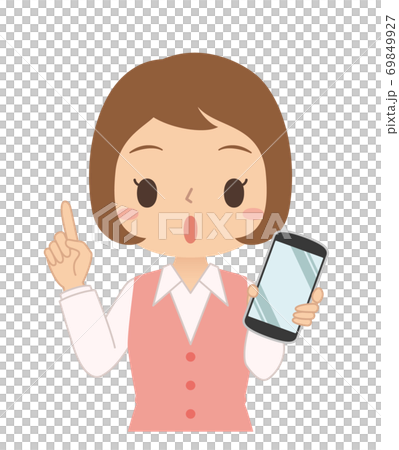 指差しポーズでスマホを持つ女性　イラスト 69849927