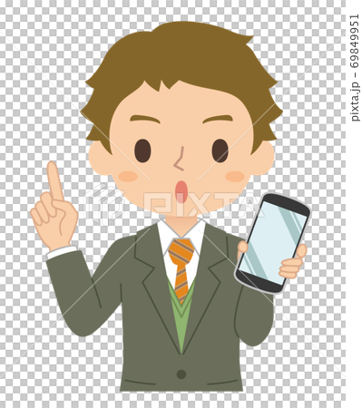 指差しポーズでスマホを持つ男性 イラストのイラスト素材