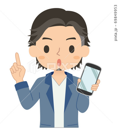 指差しポーズでスマホを持つ男性 イラストのイラスト素材