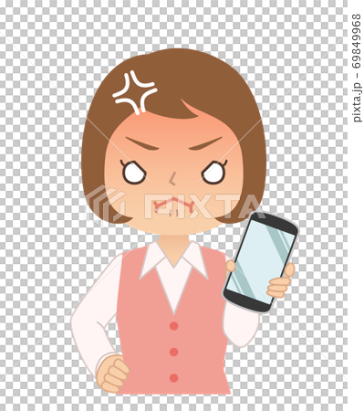 怒った赤い顔でスマホを持つ女性　イラスト 69849968