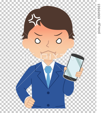 一個人拿著一張智能手機，一張生氣的紅臉的插圖 69849983