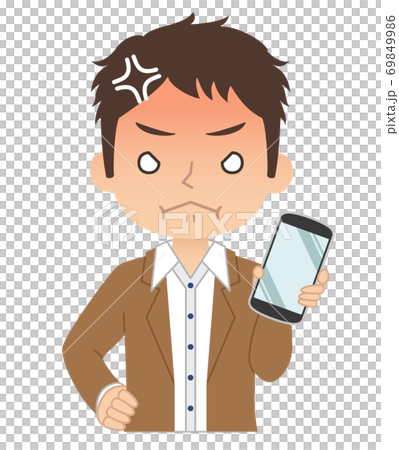 怒った赤い顔でスマホを持つ男性　イラスト 69849986
