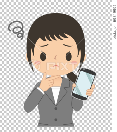 悩み顔でスマホを持つ女性　イラスト 69849995