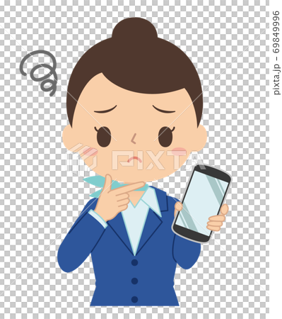 Illustration of a woman holding a smartphone with a worried face 69849996