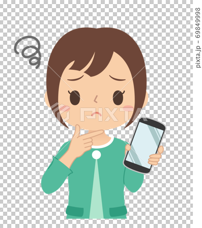 悩み顔でスマホを持つ女性 イラストのイラスト素材