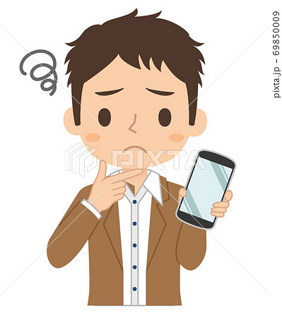 悩み顔でスマホを持つ男性 イラストのイラスト素材 悩み顔でスマホを持つ男性 イラストのイラスト素材