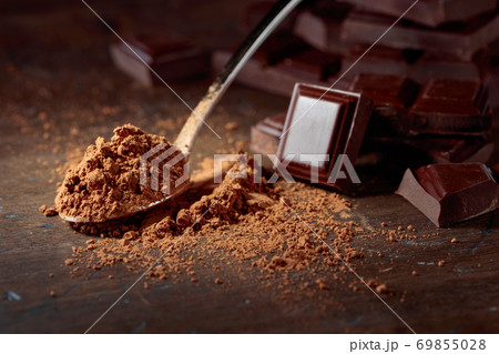 Broken  chocolate pieces and cocoa powder . 69855028