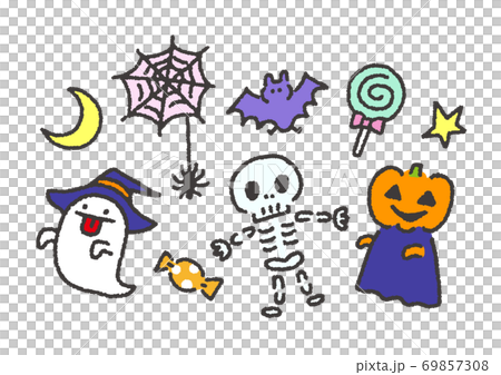 かわいいハロウィンキャラクターとアイテムのイラストのイラスト素材