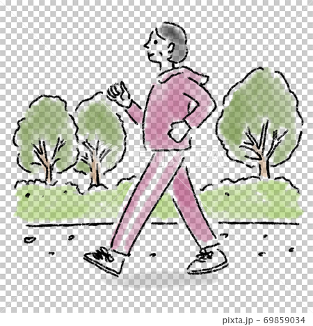 ウォーキング　女性　ミドルエイジ　屋外　水彩　手描き 69859034