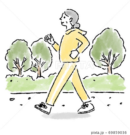 ウォーキング　シニア　女性　屋外　水彩　手描き 69859036