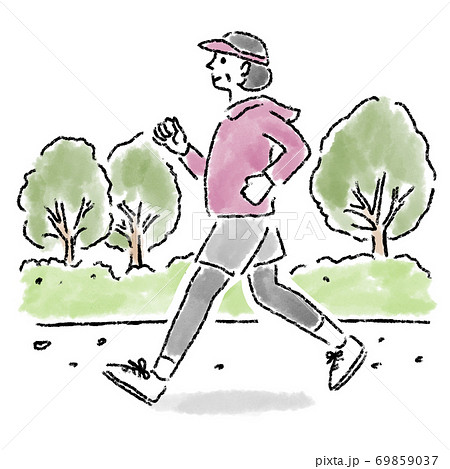 ランニング　女性　ミドルエイジ　屋外　水彩　手描き 69859037