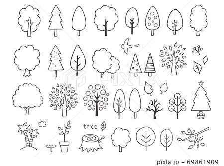いろんな木の手描きイラスト（モノクロ） 69861909