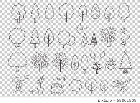 いろんな木の手描きイラスト（モノクロ） 69861909