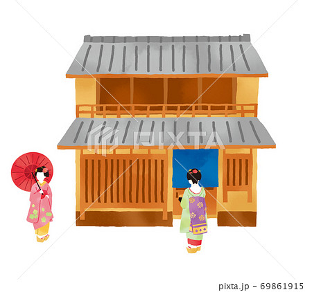 舞妓さんと日本の伝統的な町家のイラスト 69861915