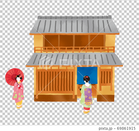 舞妓さんと日本の伝統的な町家のイラスト 69861915