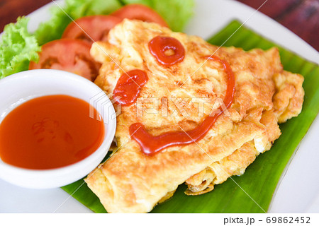 Omelet roll with sliced tomatoes salad lettuce vegetable on white plate - eggs omelette breakfast and tomatoes sauce on top Omelet roll with sliced tomatoes salad lettuce vegetable on white plate - eggs omelette breakfast and tomatoes sauce on top 69862452