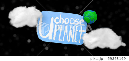 Plasticine Earth planet handmade, clouds and sticker with ecology text on black background with white stars bokeh. Ecology Concept for Earth Hour, Earth Day, Ocean Day and other ECO dates. 69863149