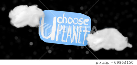 Ecology text sticker handmade and clouds on black background with white stars bokeh. Ecology Concept for Earth Hour, Earth Day, Ocean Day and other ECO dates. Ecology text sticker handmade and clouds on black background with white stars bokeh. Ecology Concept for Earth Hour, Earth Day, Ocean Day and other ECO dates. 69863150