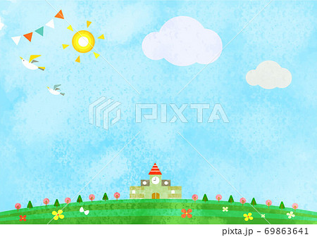 自然の中の明るい学校 水彩の背景素材のイラスト素材 69863641 Pixta