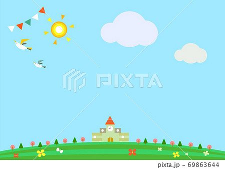 自然の中の明るい学校 背景フレームのイラスト素材