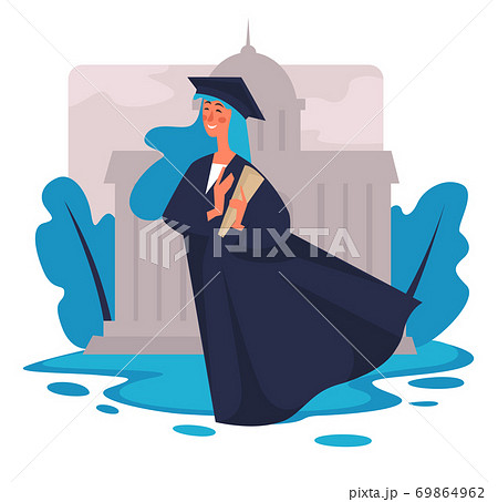 Graduated student with diploma by university, obtaining degree Graduated student with diploma by university, obtaining degree 69864962