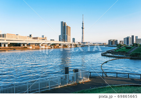 都市風景　東京スカイツリーと隅田川テラス　東京都荒川区 69865665