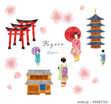 舞妓さんと京都の町家とお寺のセットイラストのイラスト素材