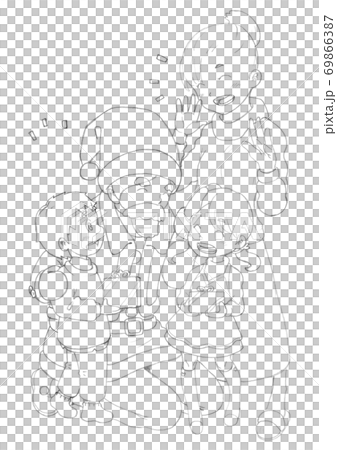 クリスマスにサンタさんが子供たちにプレゼントを持ってきてくれたところのイラスト（線画、塗り絵用） 69866387