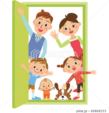 ドアの前で挨拶する家族 69868255