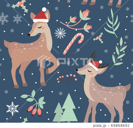 Merry christmas seamless pattern. Cute fawn in winter forest repeating texture.Little deer wearing santa claus hat, snowflakes endless background. Vector illustration Merry christmas seamless pattern. Cute fawn in winter forest repeating texture.Little deer wearing santa claus hat, snowflakes endless background. Vector illustration 69868692