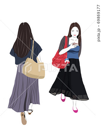 街ですれ違う髪の長い二人の女性のイラスト素材