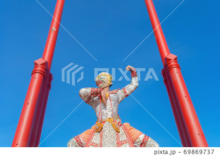 Art culture Thailand Dancing in masked khon, Pantomime show display, at The Giant Swing or Sao Ching Cha monument, Bangkok City, Thailand. 69869737