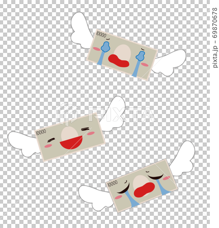 羽が生えて飛んでいく笑顔と泣き顔のお金の素材セットのイラスト素材