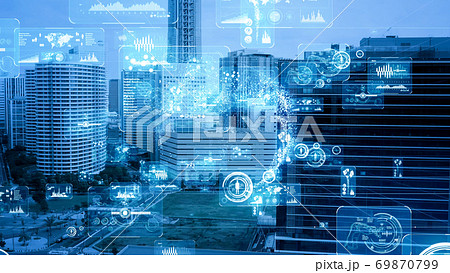 都市とテクノロジー ビル群の空撮とネットワークイメージ IoT ICT 都市とテクノロジー ビル群の空撮とネットワークイメージ IoT ICT 69870799